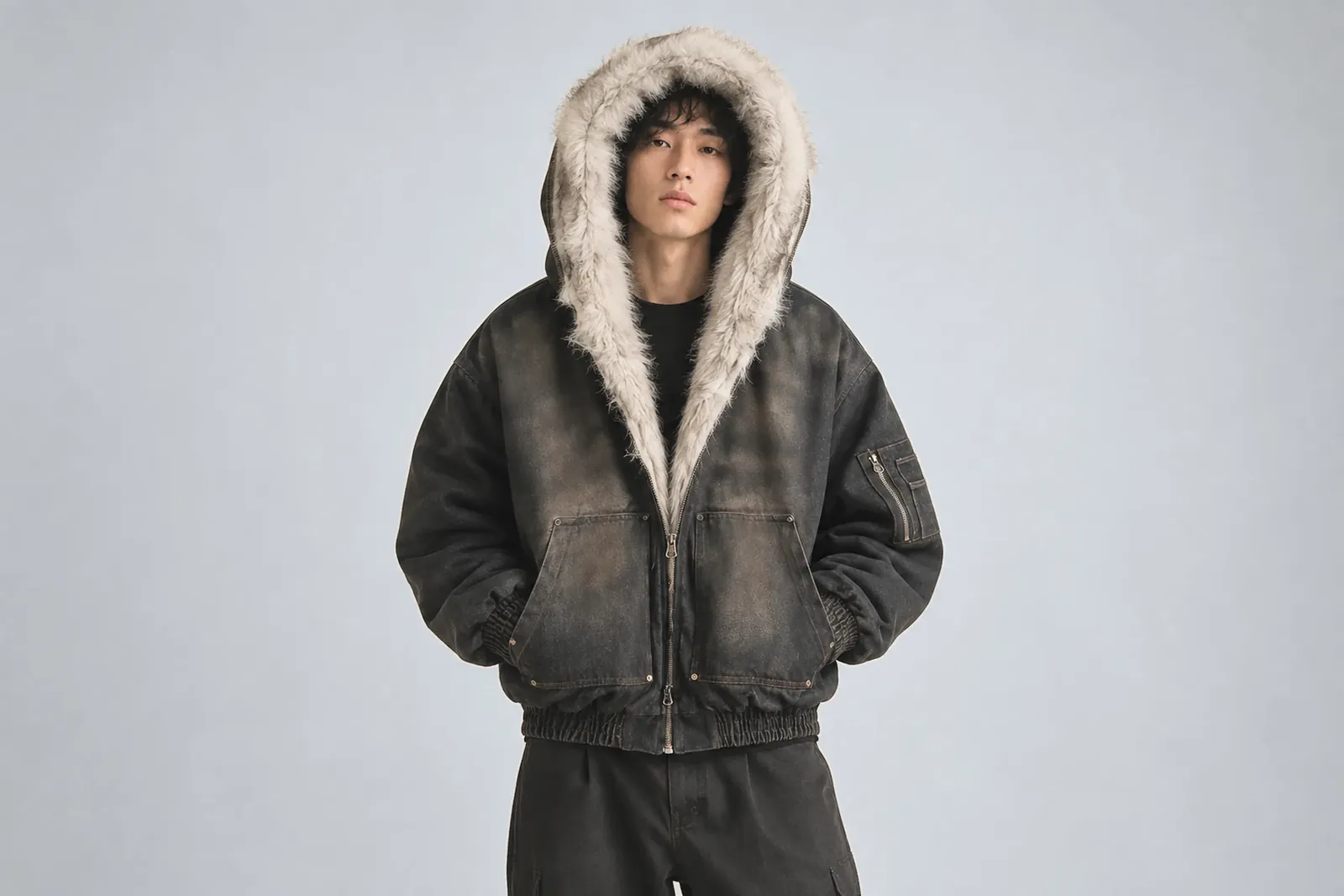 Model in The Americana Washed Padded Jacket with the fur lined hood up, on a cool grey studio wall