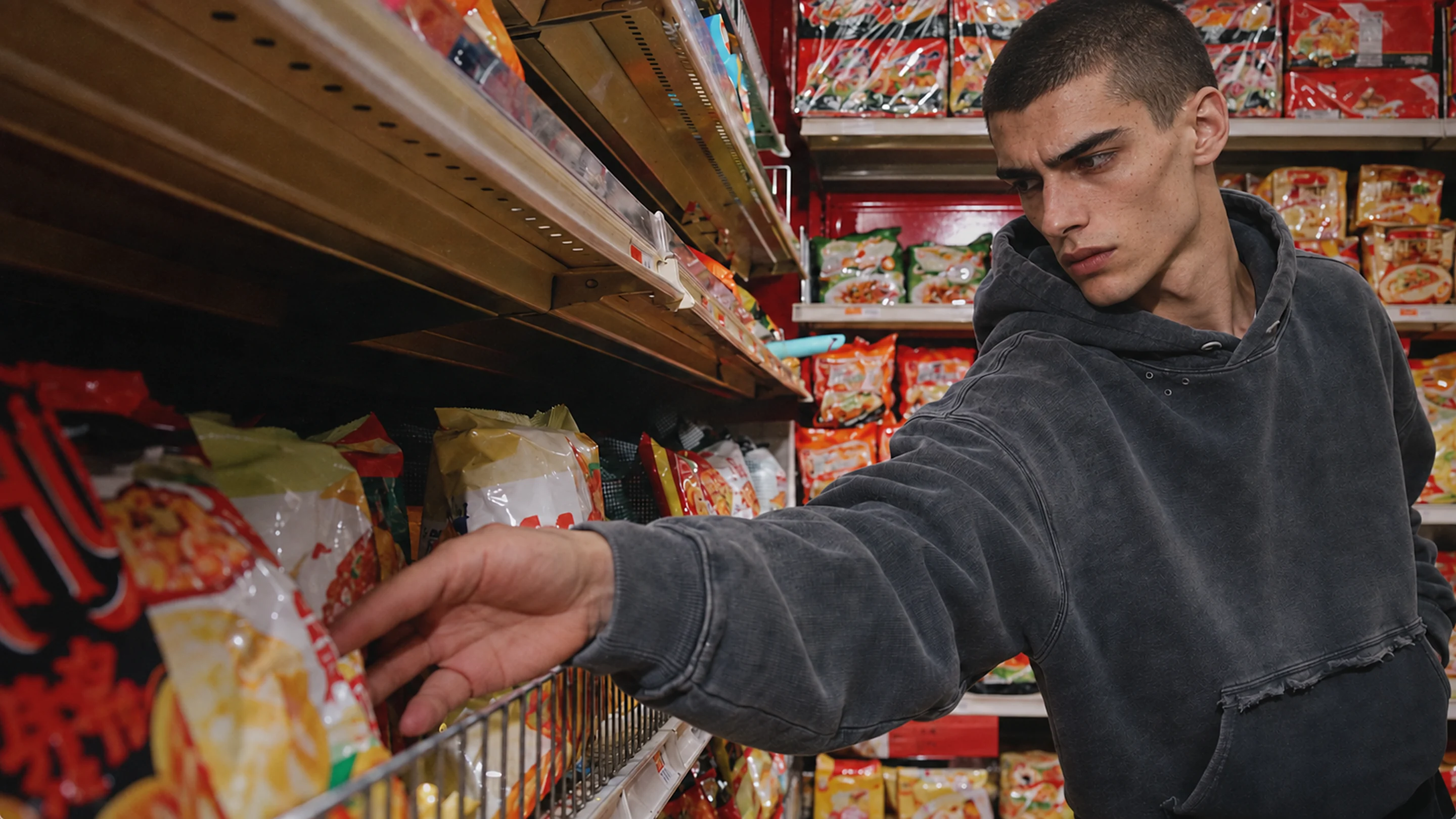 Model in The Vintage Washed Hoodie reaching for a shelf in a grocery aisle