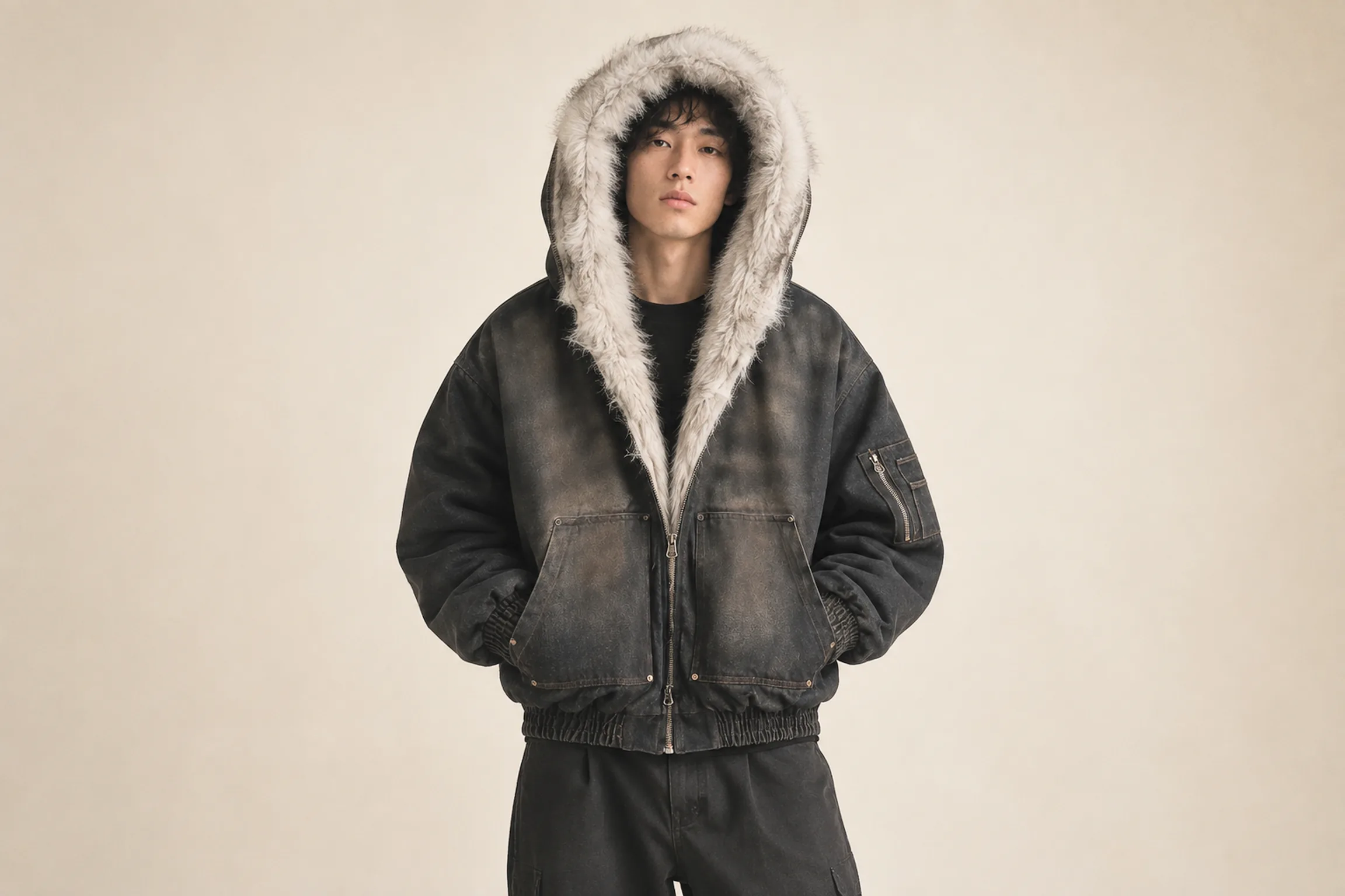 Model in The Americana Washed Padded Jacket, fur lined hood up, on a cream studio backdrop