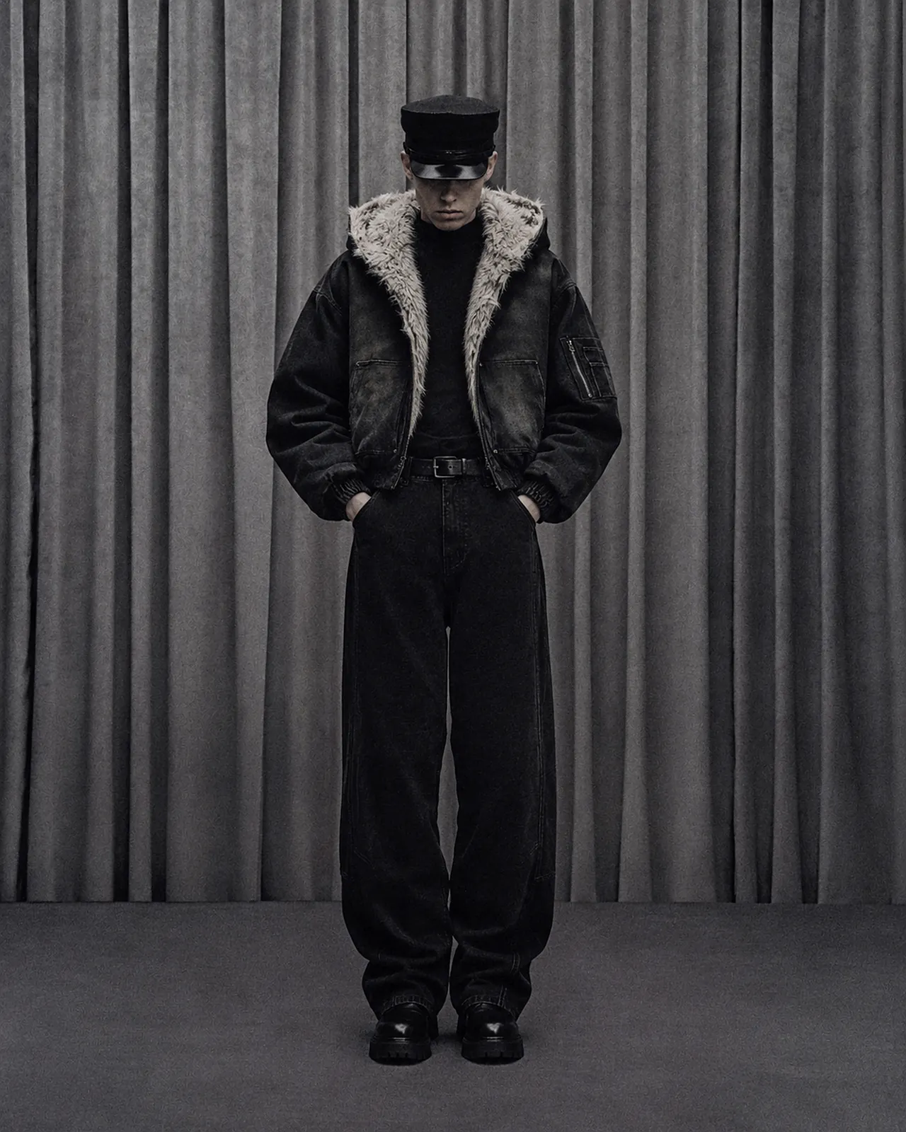 Model in The Americana Washed Padded Jacket with the fur lined hood down, and The Street Jeans, in front of a grey curtain